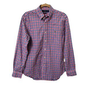 Ralph Lauren Slim Fit Stretch Oxford Shirt Mens M Blue White Red Plaid Button Up